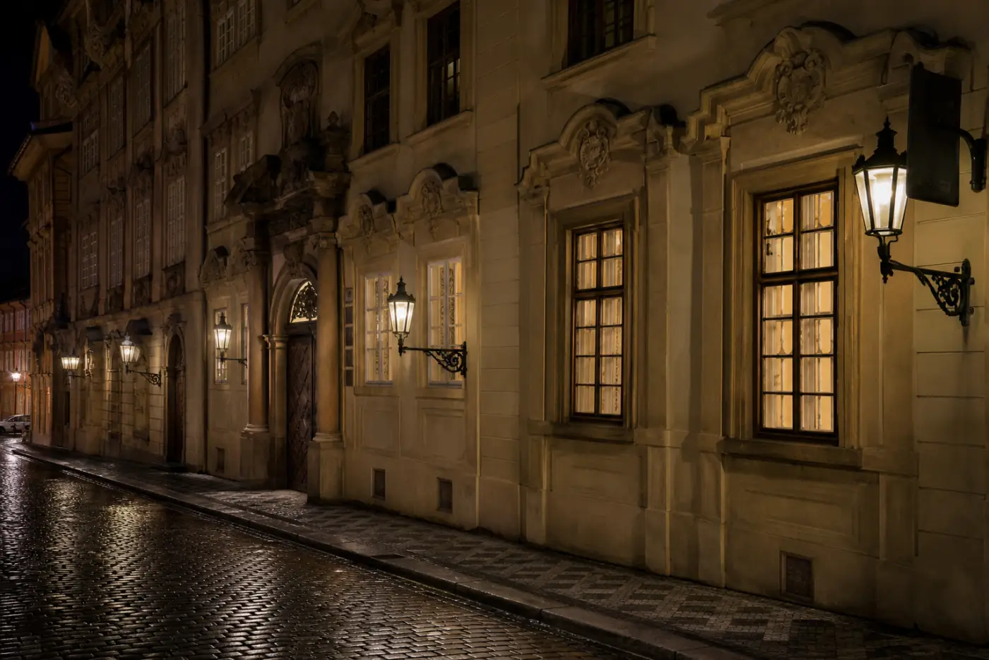 Noční fasáda paláce ve Starém Městě, vstup do Royal Venue Praha